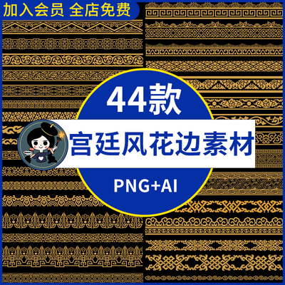 中国风传统中式古典宫廷风复古金色花边花纹边框png免抠图ai素材