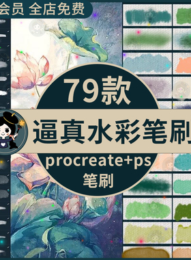 日系勾线逼真水彩古韵水墨颜料晕染肌理底纹procreate笔刷ps笔刷
