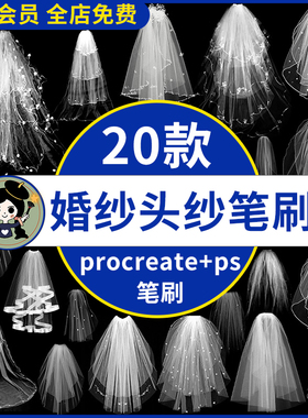 白色婚礼头纱婚纱薄纱裙png免抠图片procreate/ps笔刷绘画素材