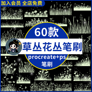 野草杂草野花草丛草地草坪花丛麦田植物剪影procreate笔刷ps笔刷