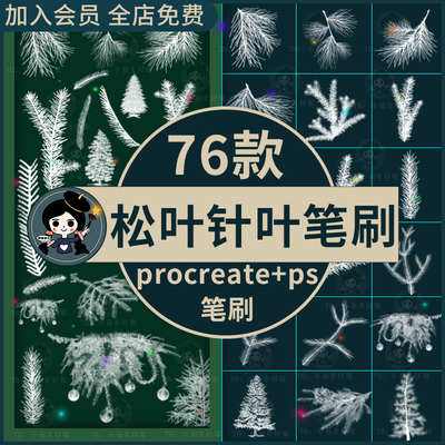 ps笔刷procreate笔刷圣诞松树松叶雪松针叶松柏树圣诞节氛围装饰