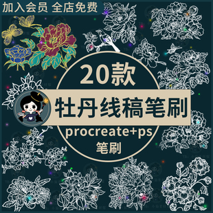 牡丹花ps笔刷procreate笔刷国画植物中国风花朵花卉鲜花线稿绘画