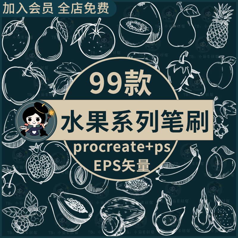 水果线稿procreate笔刷ps笔刷美术静物果蔬类手绘线稿图案上色ai