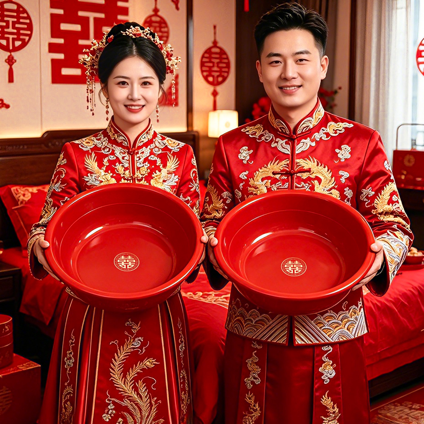 结婚喜盆一对装女方陪嫁红色洗脸盆毛巾喜字新娘嫁妆套装新婚礼物