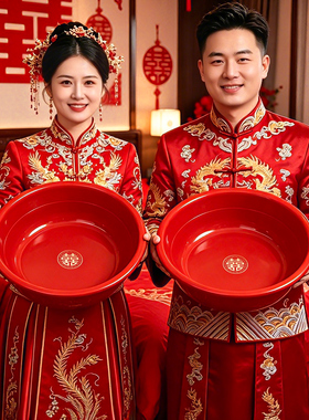 结婚喜盆一对装女方陪嫁红色洗脸盆毛巾喜字新娘嫁妆套装新婚礼物