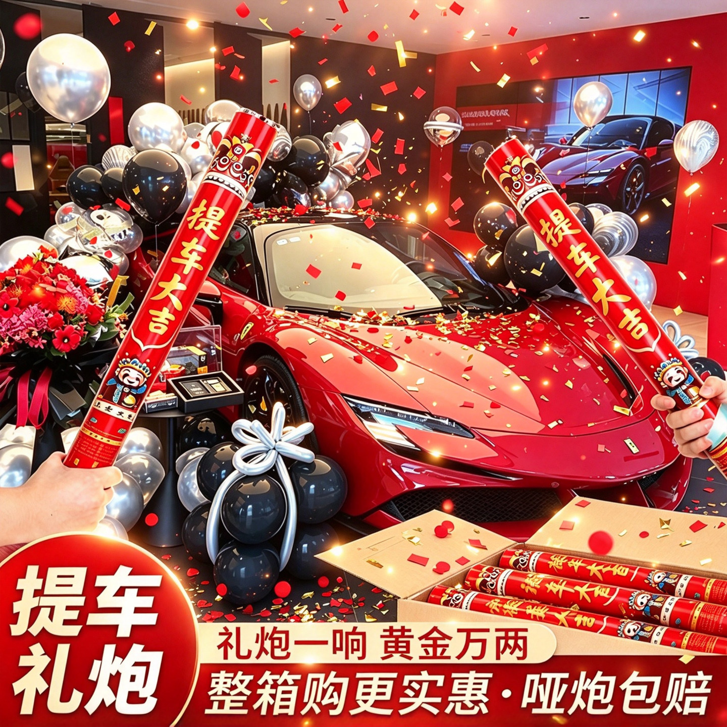 喜提新车专用手拧式礼花筒金色亮片车行4S店交车提车大吉仪式礼炮