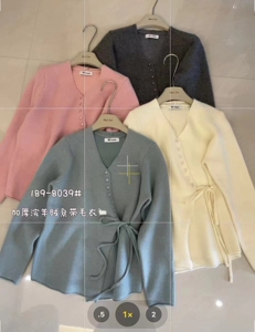 欧洲站2024秋冬款法式V领设计感斜扣系带浣熊绒毛衣保暖开衫外套