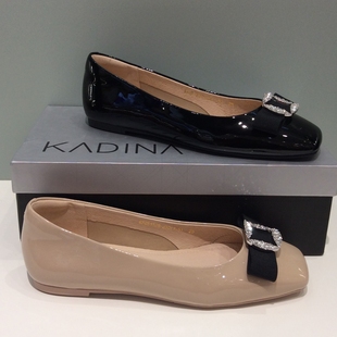 KS251528卡迪娜2025春优雅风方头水钻漆皮女单鞋舒适软底方扣鞋