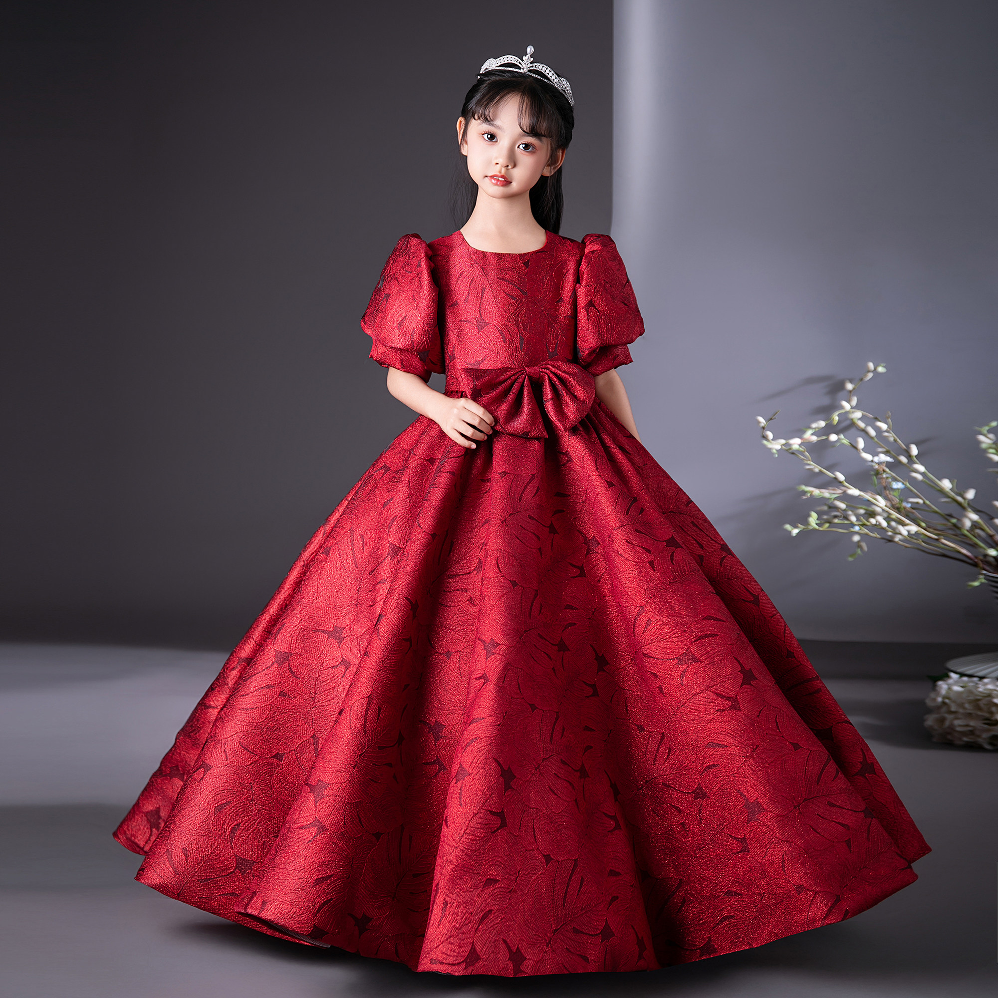 灯笼袖缎布演出服晚礼服韩版女童