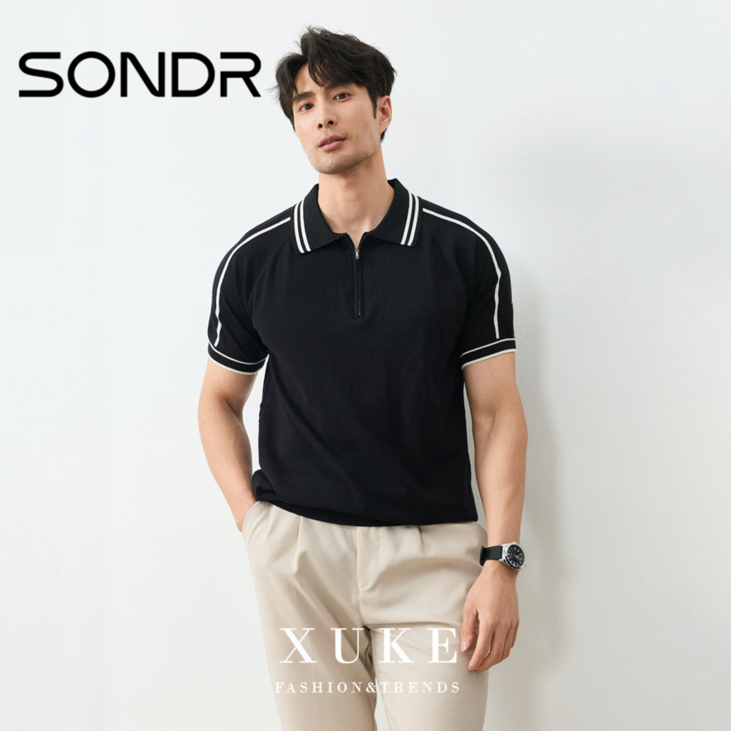 SONDR意大利男款polo衫短袖夏季商务翻领拉链莱赛尔透气针织T恤衫