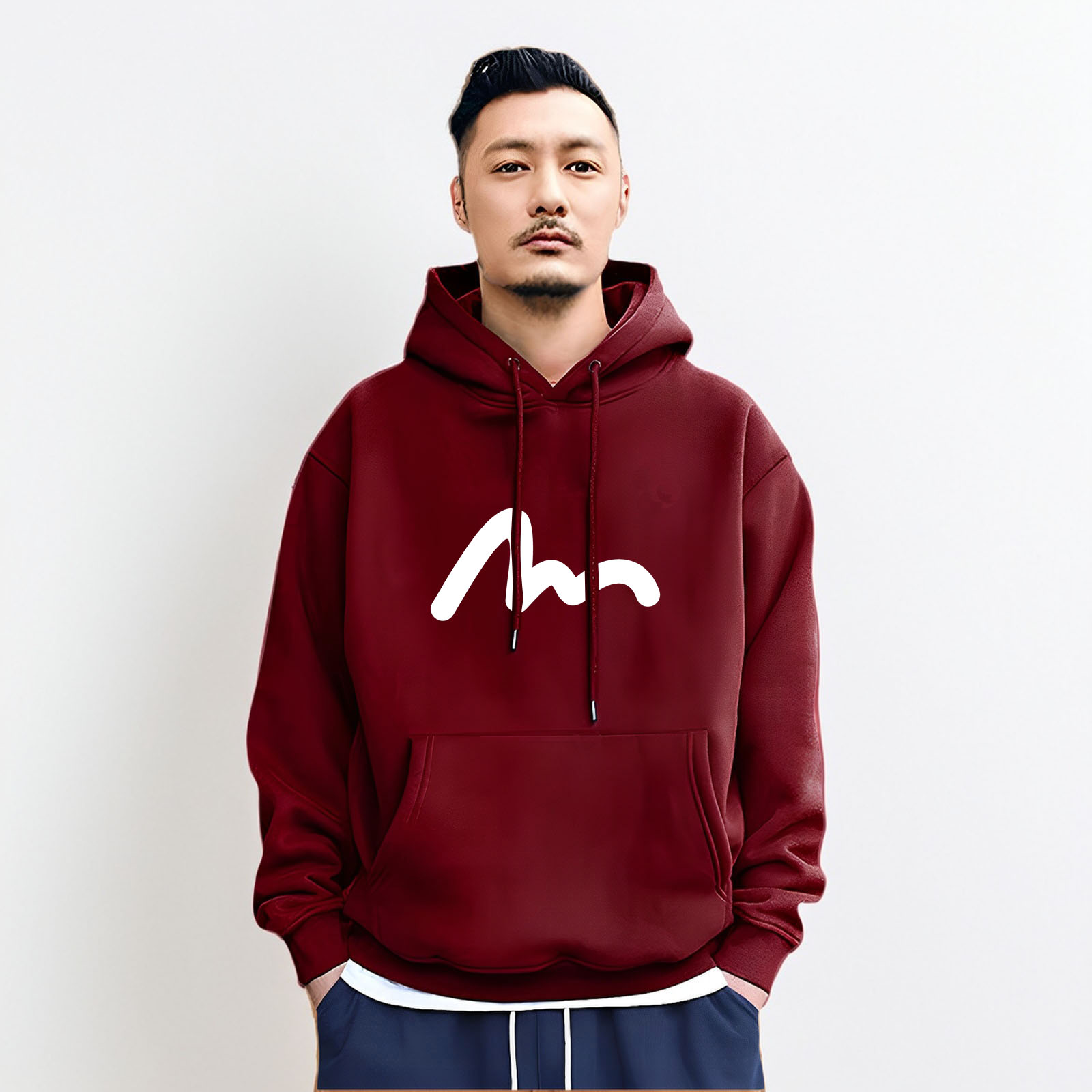 余文乐潮牌日系连帽卫衣秋冬季加绒套头纯色男士宽松休闲黑色外套