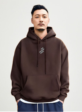 香港潮牌余文乐重磅纯棉连帽卫衣男宽松百搭休闲秋冬棕色上衣外套