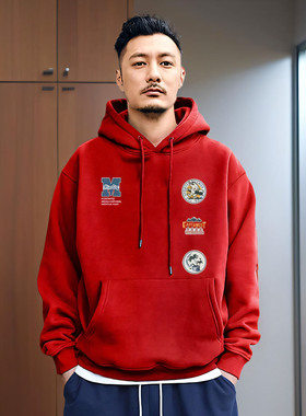 余文乐潮牌卫衣男连帽秋冬季重磅纯棉红色情侣装帽衫加绒宽松外套