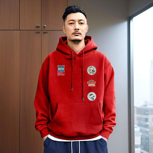 余文乐潮牌卫衣男连帽秋冬季重磅纯棉红色情侣装帽衫加绒宽松外套