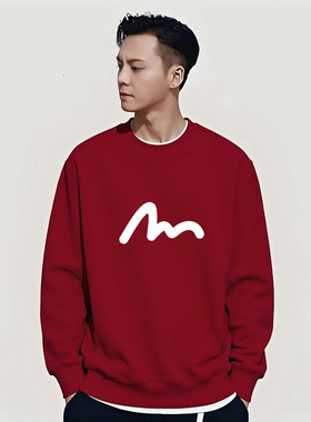 日系潮牌秋冬款余文乐加绒卫衣男新款国潮纯棉酒红色情侣圆领外套