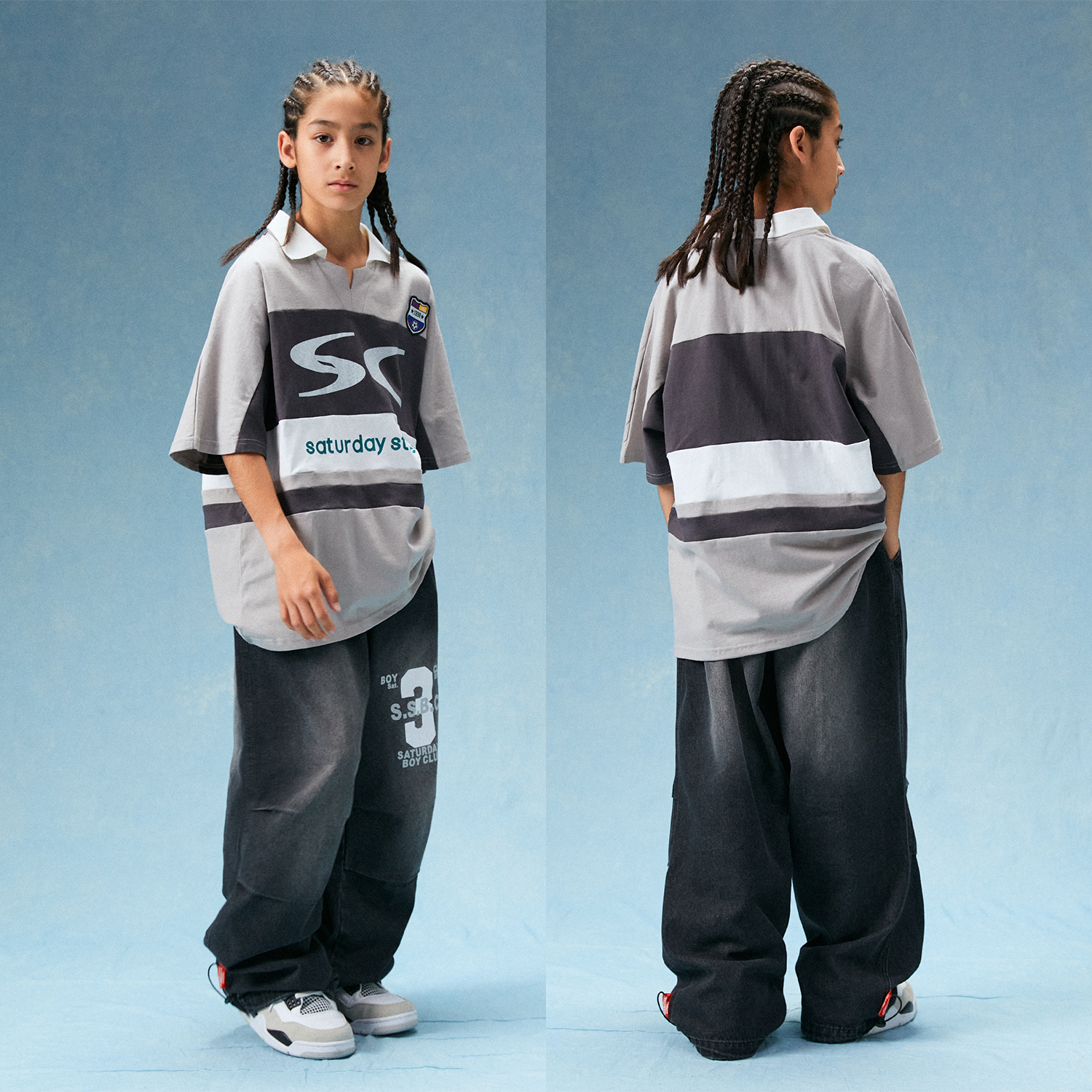 嘻哈少儿街舞演出服夏季短袖少儿hiphop潮牌美式翻领灰色球服套装