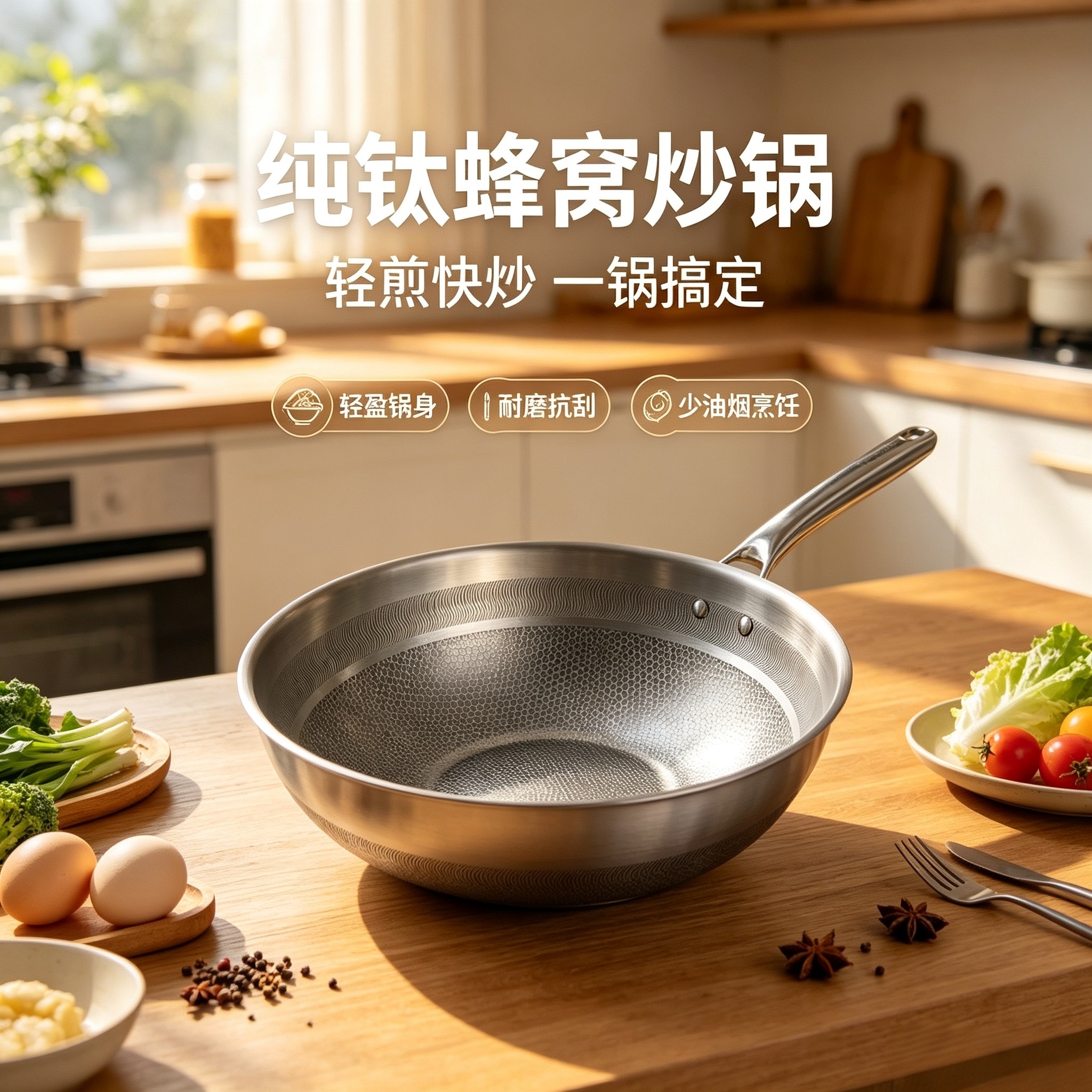 德国钛盾纯钛蜂窝炒锅无涂层不粘锅家用带蒸格燃气电磁炉通用