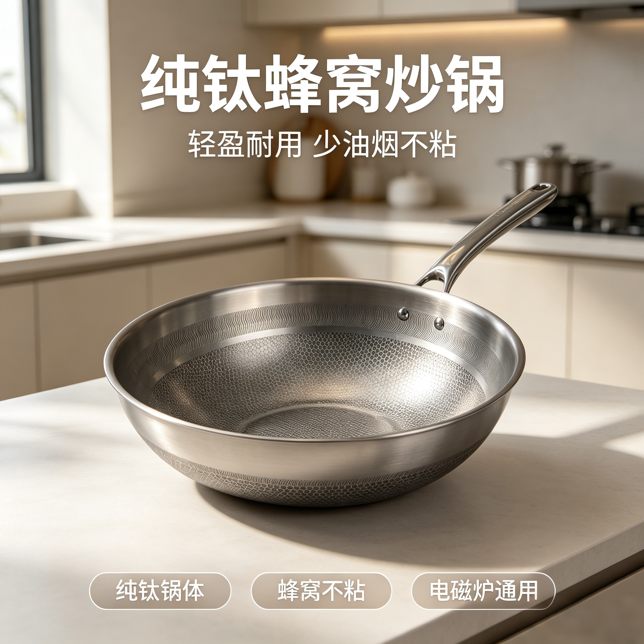 德国钛盾纯钛蜂窝炒锅无涂层不粘锅家用带蒸格燃气电磁炉通用