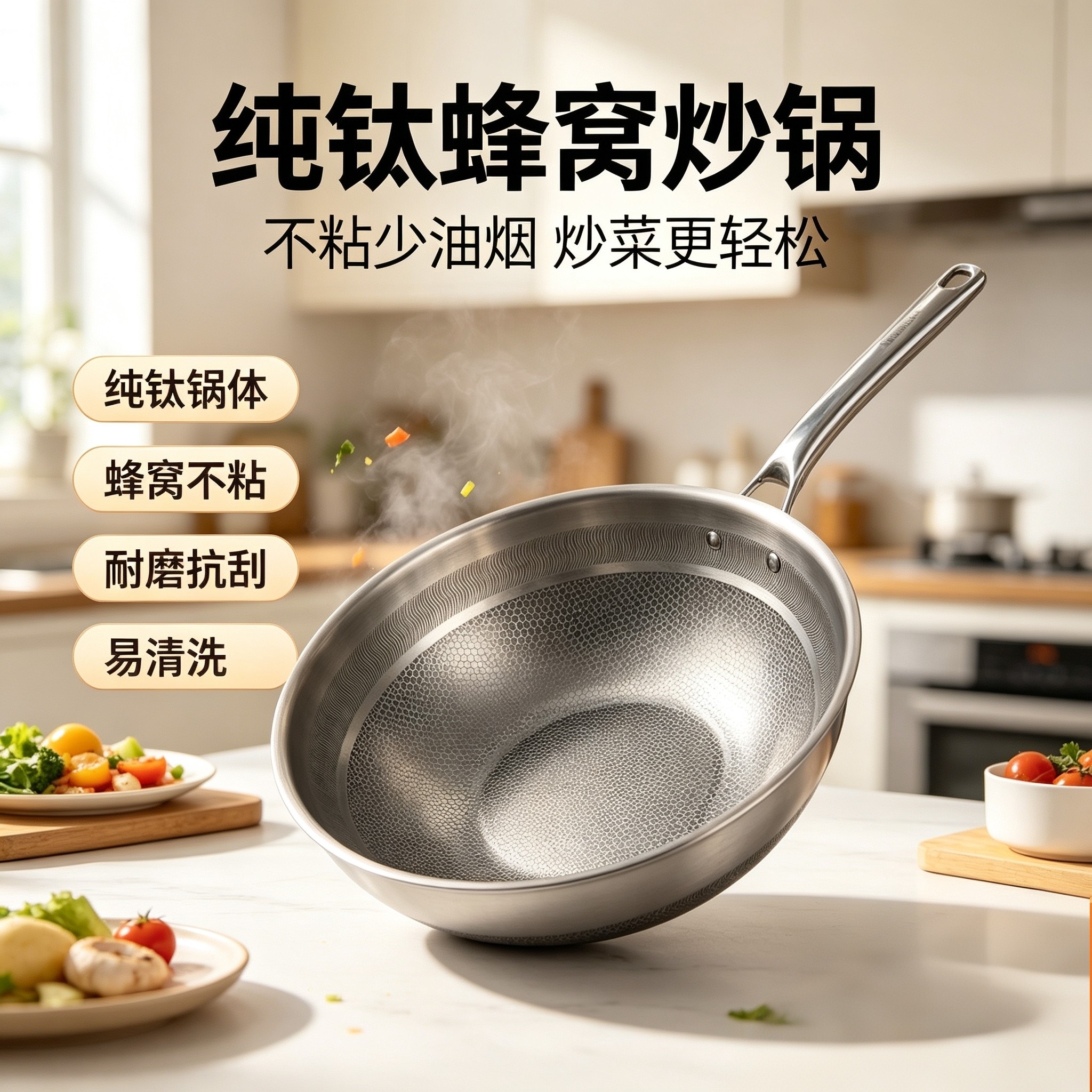 德国钛盾纯钛蜂窝炒锅无涂层不粘锅家用带蒸格燃气电磁炉通用