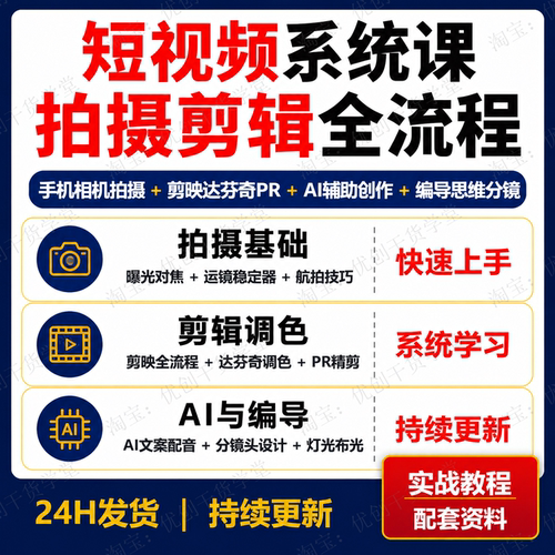 短视频全能系统课手机相机拍摄剪辑调色AI创作编导思维实战教程