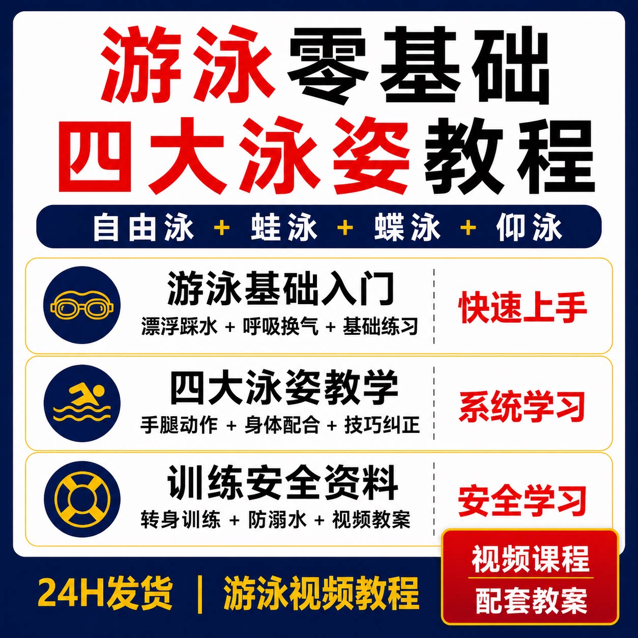 游泳教程零基础自学自由泳蛙泳蝶泳仰泳呼吸换气训练技巧视频教案