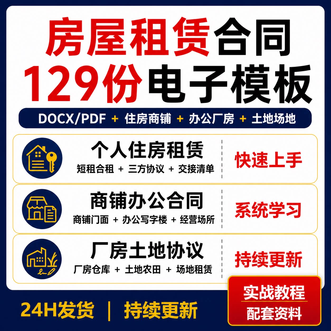 房屋租赁合同模板129份DOCX PDF住房商铺办公室厂房仓库土地协议