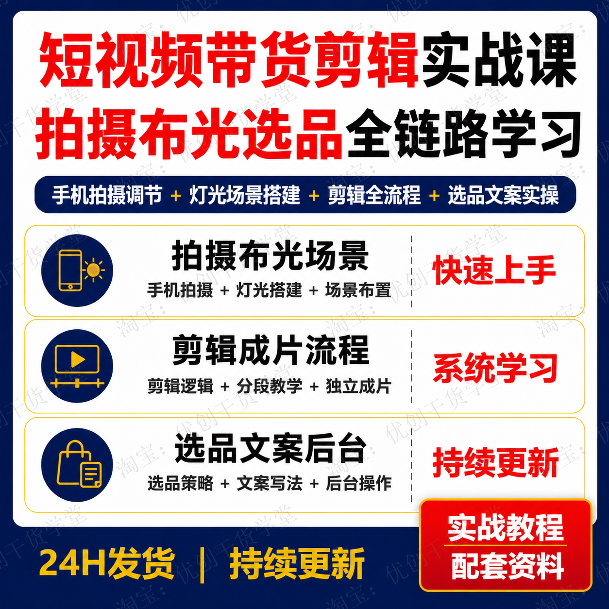 短视频带货剪辑实战课手机拍摄布光场景搭建选品文案全链路
