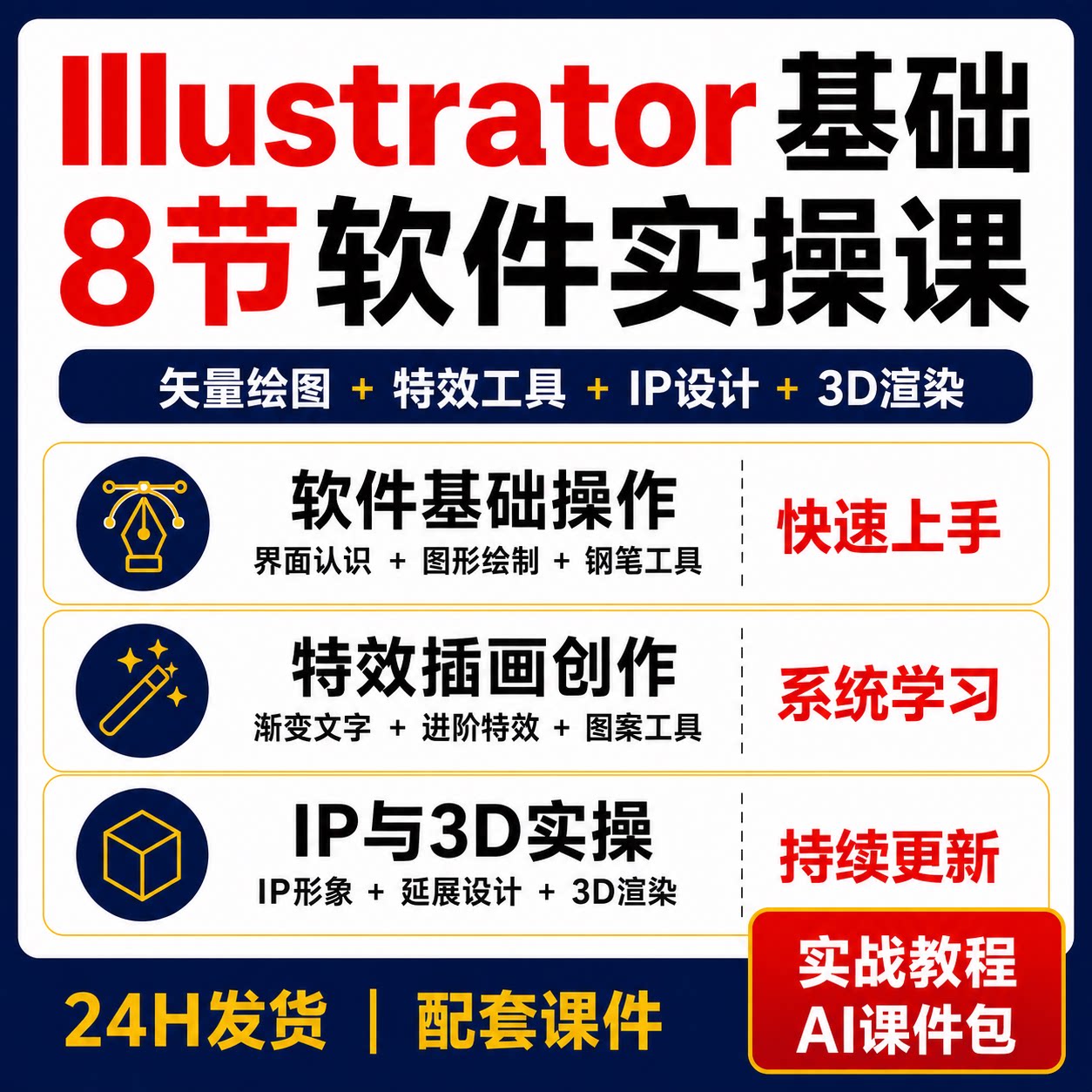 Illustrator AI基础8节实操课矢量绘图特效插画IP设计3D渲染课件