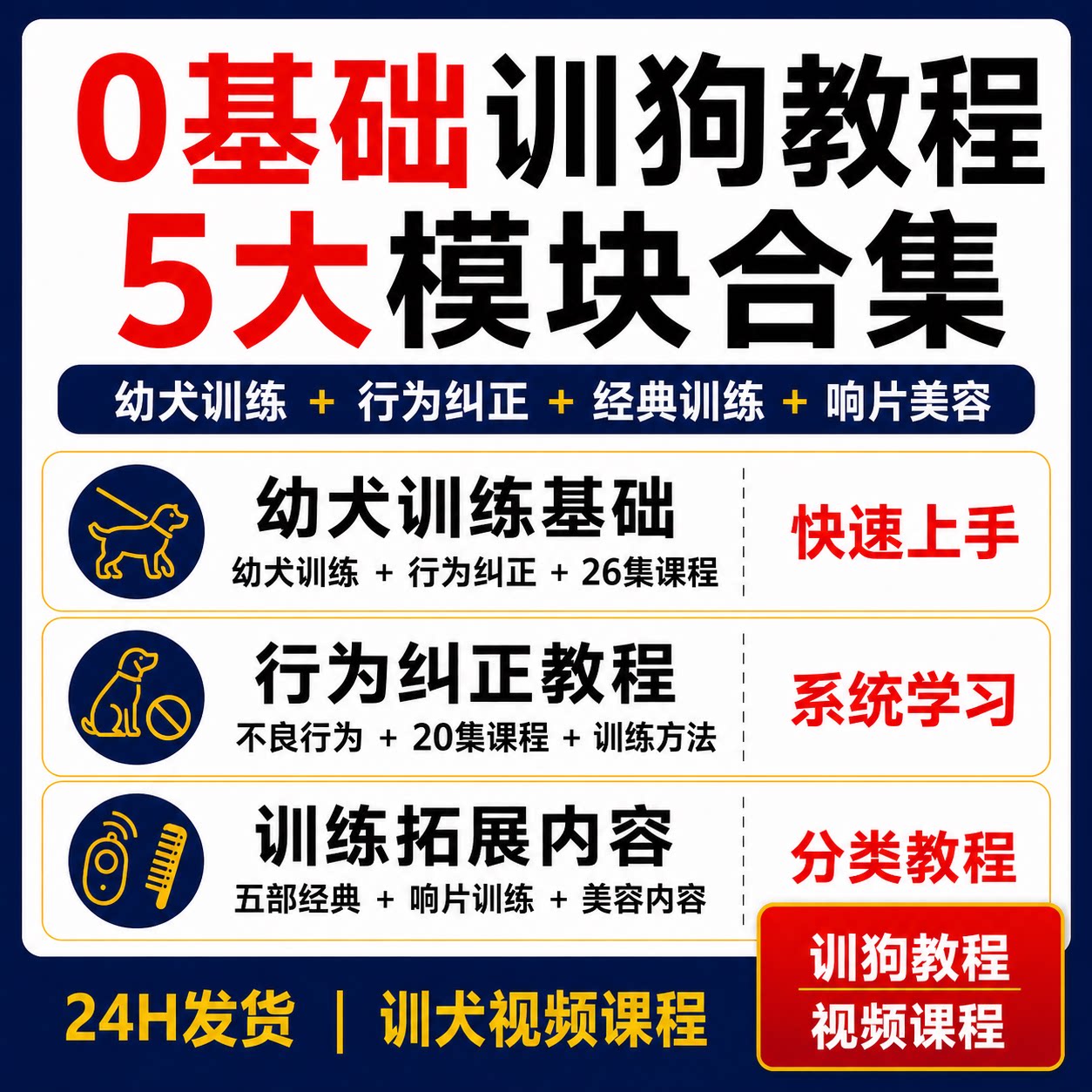 训狗教程0基础幼犬训练行为纠正响片训练宠物狗美容视频课程