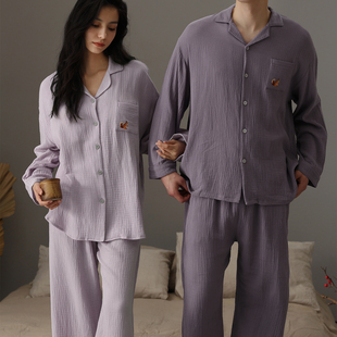 侘寂风棉麻A类双层纱布带胸垫纯色刺绣睡衣女春夏纯棉情侣2025