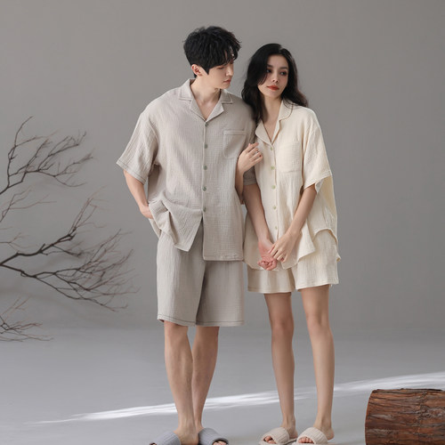 侘寂风情侣睡衣宽松纯棉双层纱短裤男女士家居服短袖套装夏