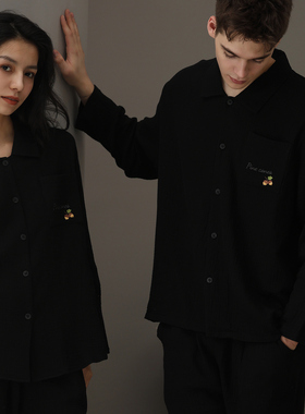 侘寂风A类双层纱情侣睡衣居家服100%棉长袖黑色高级感可外穿2025