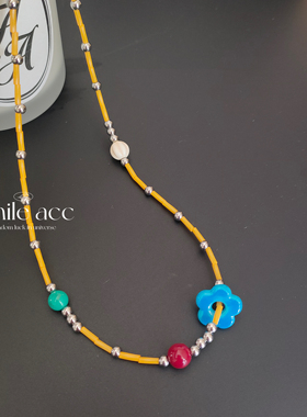 多巴胺蓝色小花串珠项链女ins小众个性洋气百搭春夏新款锁骨链