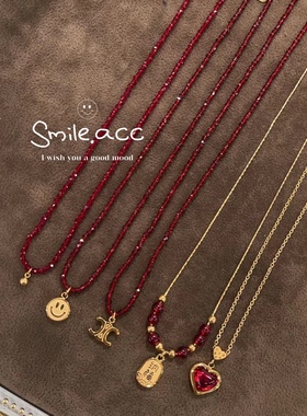 新年红色水晶项链 镀18K金色迷你圆球吊坠锁骨链