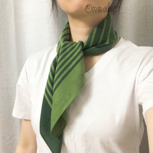 绿色棉麻条纹小方巾清新透气柔软文艺丝巾女时尚百搭韩版装饰围巾