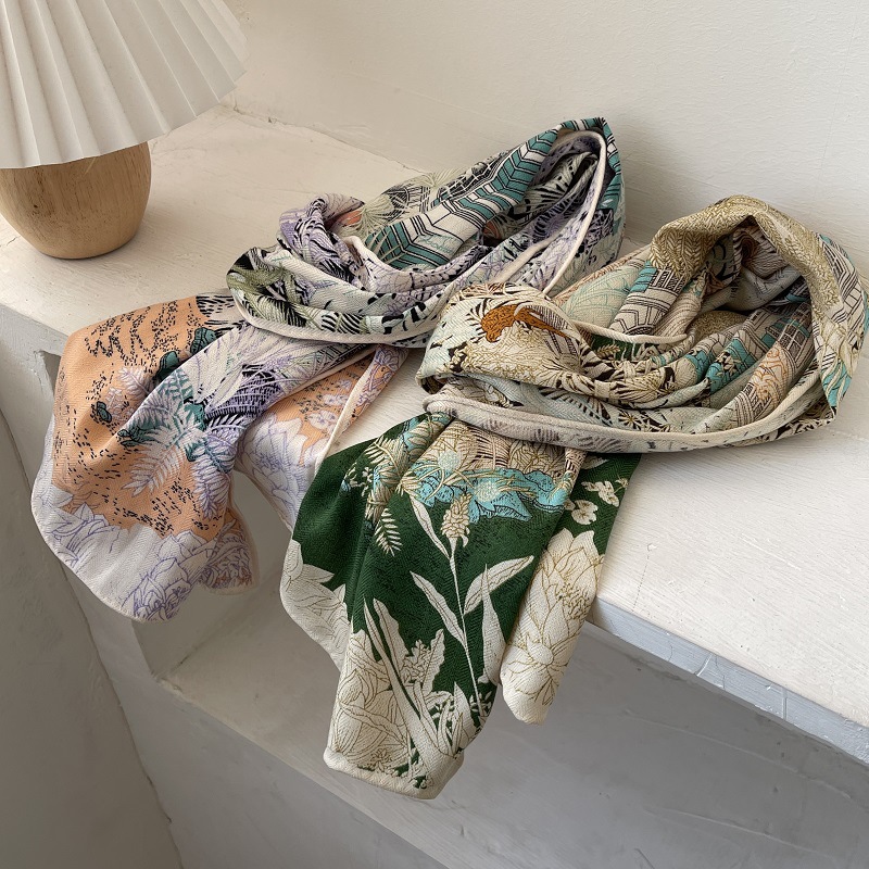 日系雅致氛围福宝雨林丝毛围巾女春季长款仿真丝羊毛飘带装饰领巾