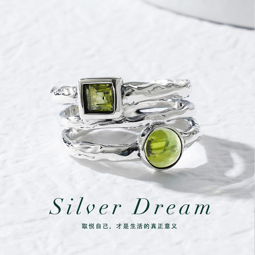 925纯银橄榄石水晶开口戒指女小众高级轻奢叠戴时尚ins风情侣对戒