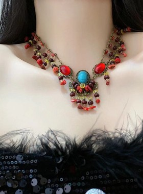 复古民族风绿松石串珠流苏项链耳环异域风情波西米亚优雅高级饰品