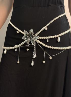 法式轻奢多层珍珠花朵流苏腰链时尚优雅高级感重工潮流腰带新款