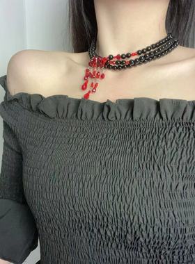 时尚优雅水滴流苏多层黑色串珠项链复古潮酷高级个性独特锁骨链女