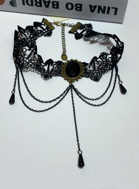 法式复古黑色宝石流苏蕾丝项链时尚高级感优雅小众设计锁骨链新款