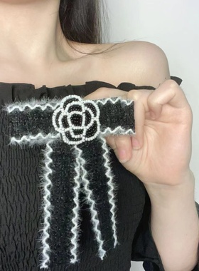 时尚手工黑白色串珠花朵布艺蝴蝶结胸针法式优雅气质高级别针配饰