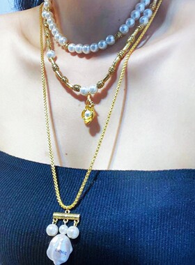 老钱风珍珠转运珠蝴蝶多层叠戴项链女轻奢高级感重工复古毛衣链潮