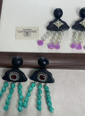 新中式黑色木质珍珠绿松石流苏耳环复古潮流个性夸张独特耳饰爆款