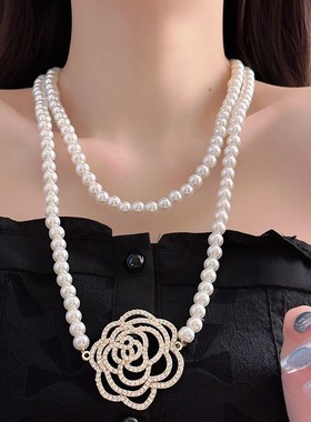 名媛气质金属镶钻镂空花朵珍珠项链法式轻奢时尚优雅潮流锁骨链女