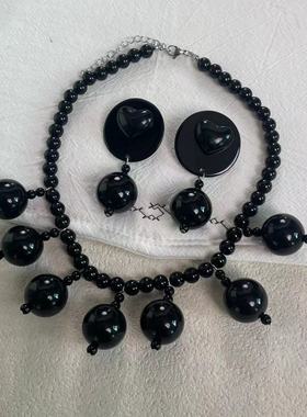 复古欧美风黑色圆珠流苏项链耳环甜酷辣妹时尚轻奢高级感饰品新款