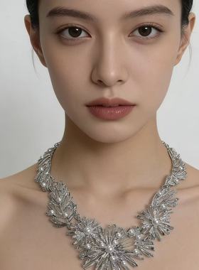 重工夸张金属花朵珍珠项链耳环套装复古时尚轻奢优雅晚礼服配饰