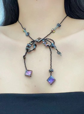 甜酷黑色水晶蝴蝶结流苏项链个性ins冷淡风时尚轻奢气质锁骨链女