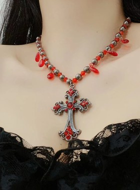 暗黑哥特朋克串珠红色水滴流苏十字架项链女小众设计个性潮酷颈链