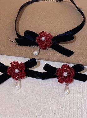 甜美串珠花朵珍珠水滴蝴蝶结丝绒项链耳环时尚小香风优雅气质饰品